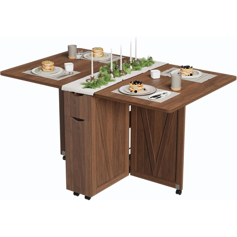 Foldable Dining Table With Storage Drawer And 6 Wheels, Space-Saving Folding Kitchen Table For Small Spaces, Easy Move & Store, Brown