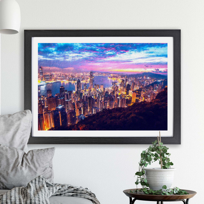 Hong Kong Skyline At Sunset - Single Picture Frame Painting, Black, 45cm H x 63cm W x 2cm D