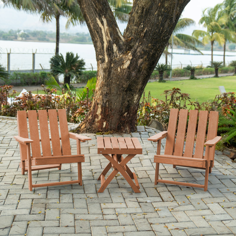 Shoreline Fully Assembled All-Weather Outdoor Folding Modern Adirondack Chair and Table Set, Teak