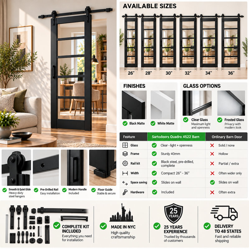 Porte de grange robuste Quadro 4522 Noir mat avec vitrage transparent, rail de 2 m (6,6 pi), quincaillerie renforcée, portes intérieures à panneaux pleins - 76 cm x 203 cm (30 po x 80 po) - vitrage transparent - rail noir