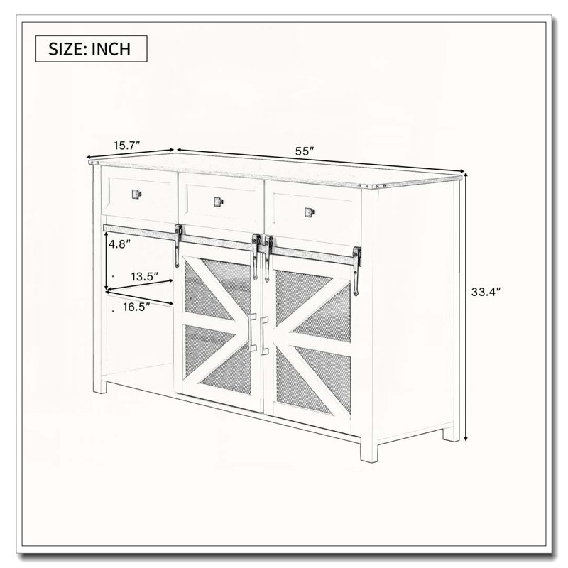 Sliding Barn Door Sideboard With 3 Drawers, Particle Board & Metal Mesh Storage Cabinet With Aluminum Handles & Metal Accents For Living Room, Dining Room