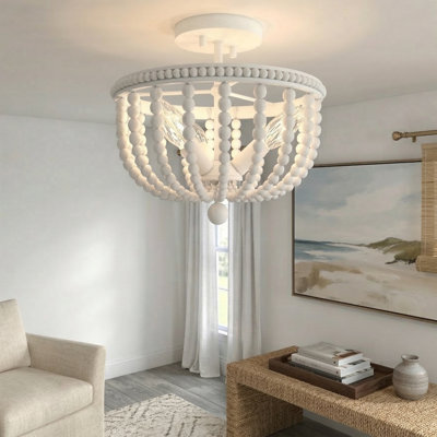 3 Light Farmhouse Wood Bead Semi Flush Mount Ceiling Light Chandelier