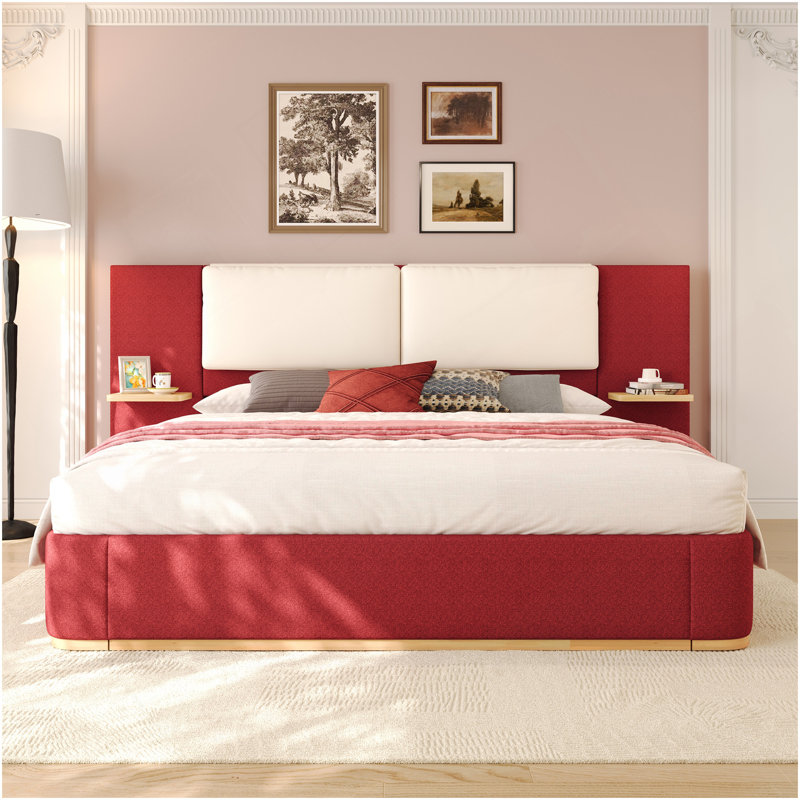 Très grand lit plateforme tapissier avec panneau, cadre de lit plateforme avec coins arrondis doux anti-collision, stable et sans sommier, assemblage facile, rouge