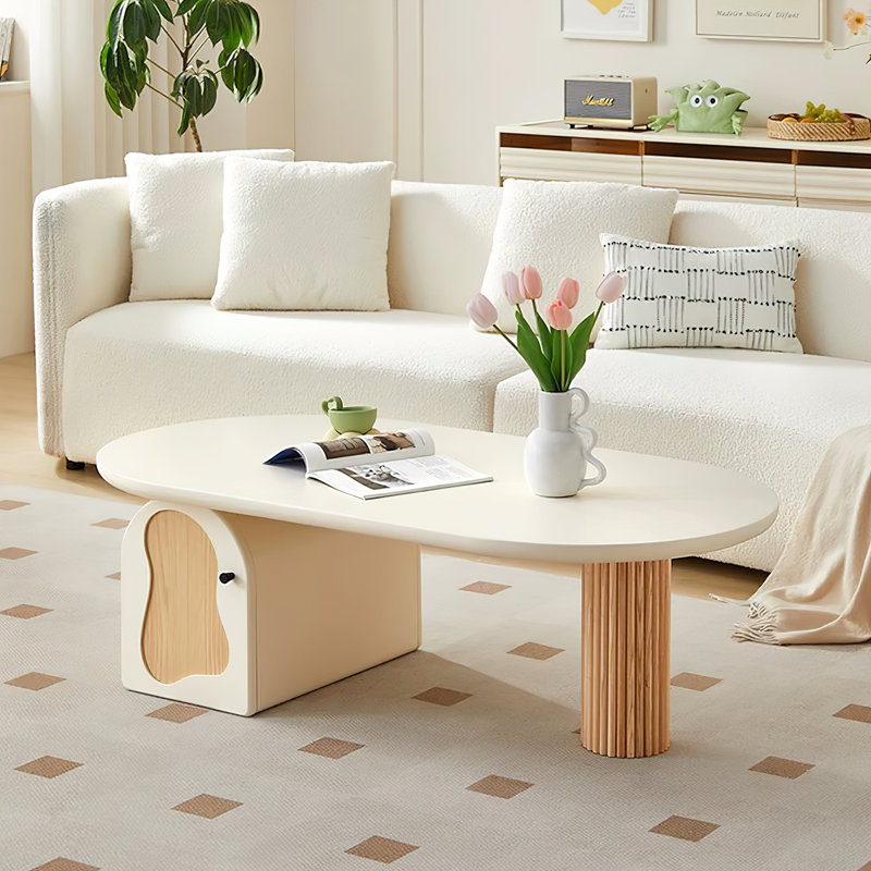 47.2" Modern Irregular Coffee Table with Storage, Semi-Circular Top, Roman Column Base, White & Wood Finish