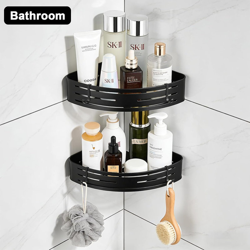Adhesive Corner Shower Caddy - Silver - 2-Pack, No-Drill 2-Tier Bathroom Corner Shelves With Hooks, Rustproof Aluminum Shower Organizer For Inside Shower