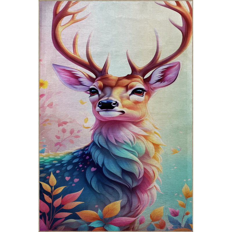 Tapis décoratif moderne multicolore à motif de cerf abstrait à motif de cerfs, Rectangle 3 pi 3 po x 6 pi 7 po