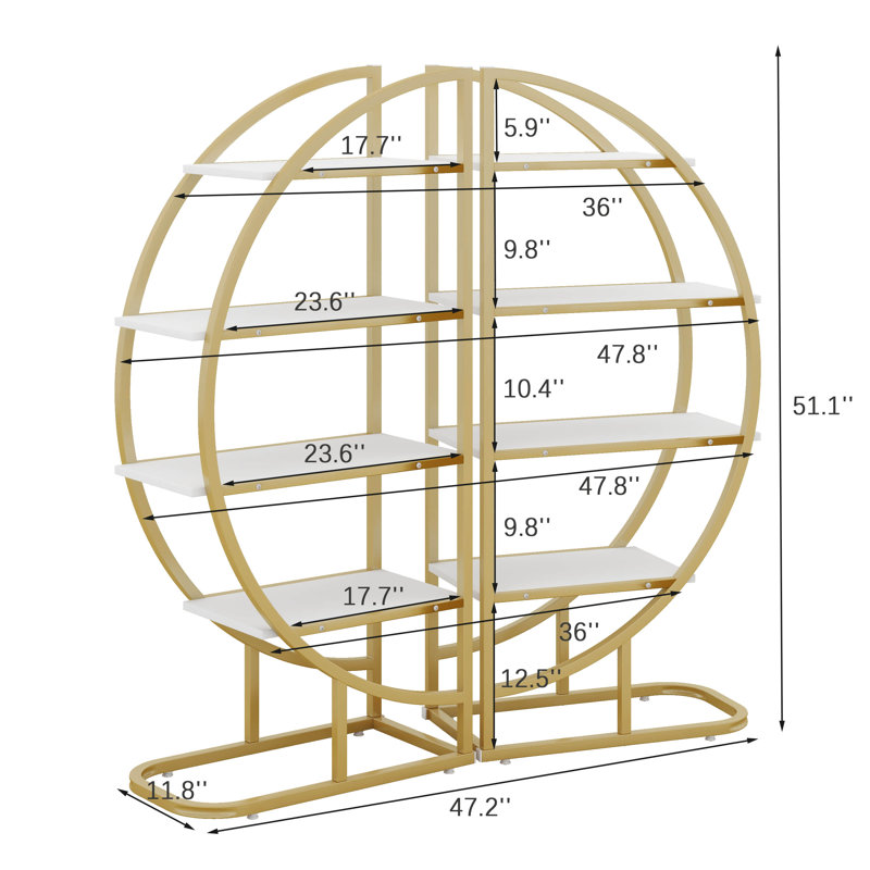 Round Bookcase, Home Office 4 Tier Bookshelf Open Freestanding Storage Shelf, MDF Board & Metal Frame