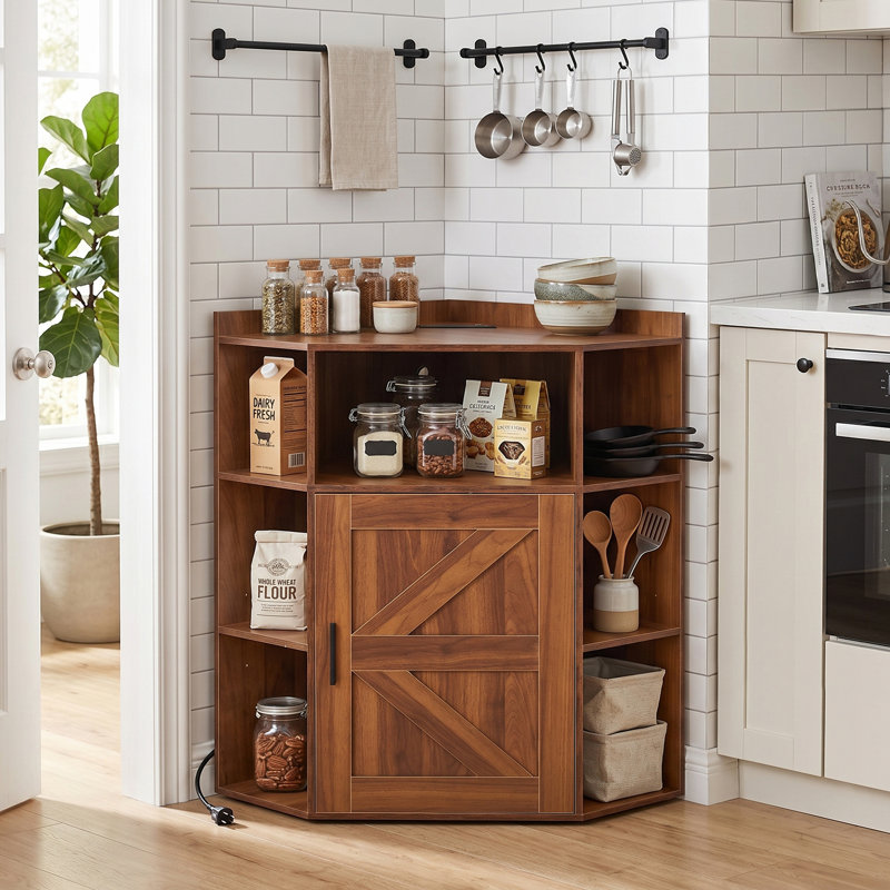 Corner Cabinet With Charging Station, Modern Home Office Storage Cabinet With 2 Outlets And 2 USB Ports, Triangle Bookshelf And Printer Stand With Barn Door For Small Spaces