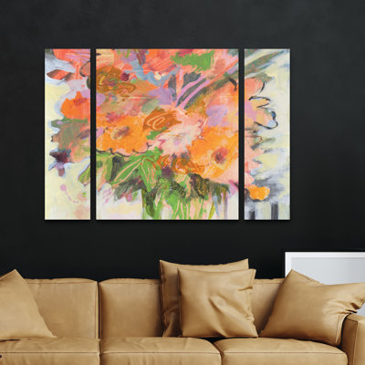 Ensemble de 3 panneaux d'art mural - "Bouquet d'orange" doré Sheila pour décoration de salon, de chambre à coucher ou de bureau 