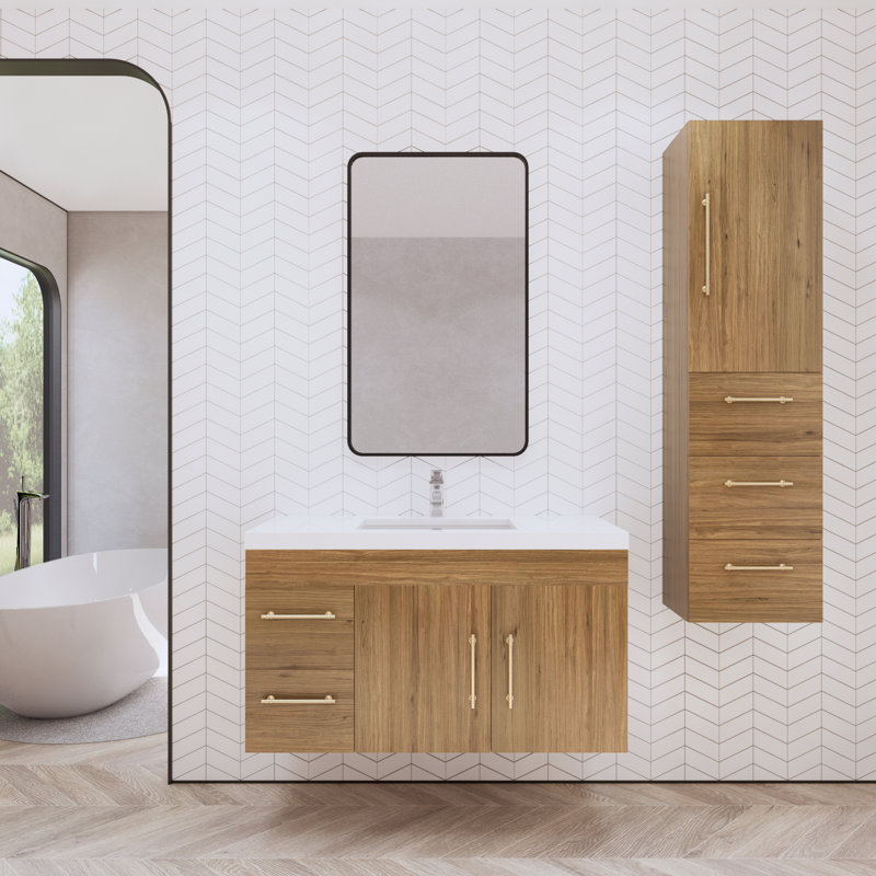 Dessens 42" Wall-Mounted Single Bathroom Vanity Set, Natural Oak