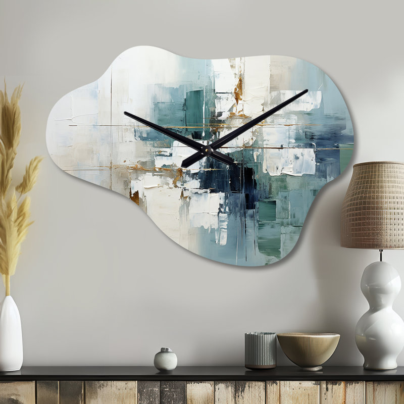 Horloge murale en métal bleu sarcelle subtile Serenity I - Collages abstraits, Grand