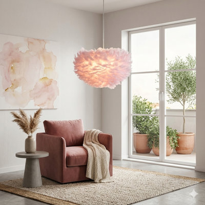 Luminaire suspendu 3 lumières en plumes d'oie rose