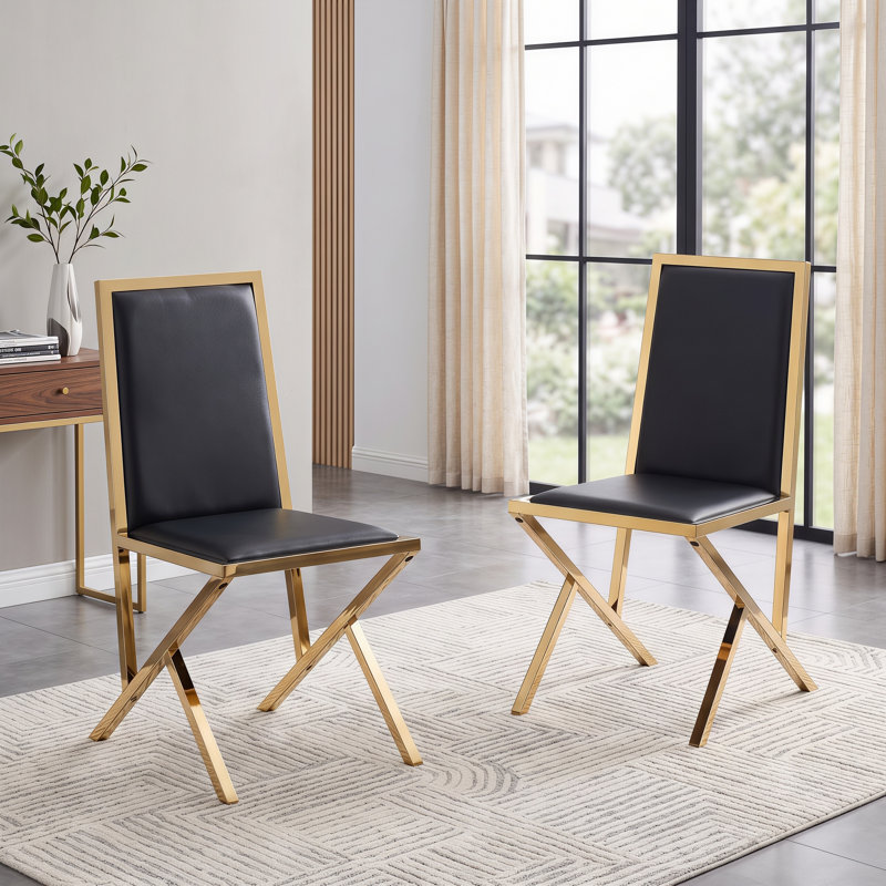 Ensemble de 2 chaises rembourrées en cuir polyuréthane avec structure en métal, 2, Noir, Doré