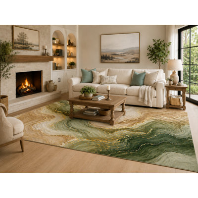 "Ultra Light Weight" Large 6'7" x 9'10" Sage Green, Cream and Beige Sage Marble Currents Area Rug for Living Room, Soft Low Pile with Non-Slip Backing, Bedroom, Dining Area and Office Decor