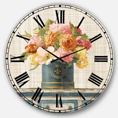 Tulipes dans une boîte à chapeau bleu sarcelle et or sur toile de lin - Horloge murale