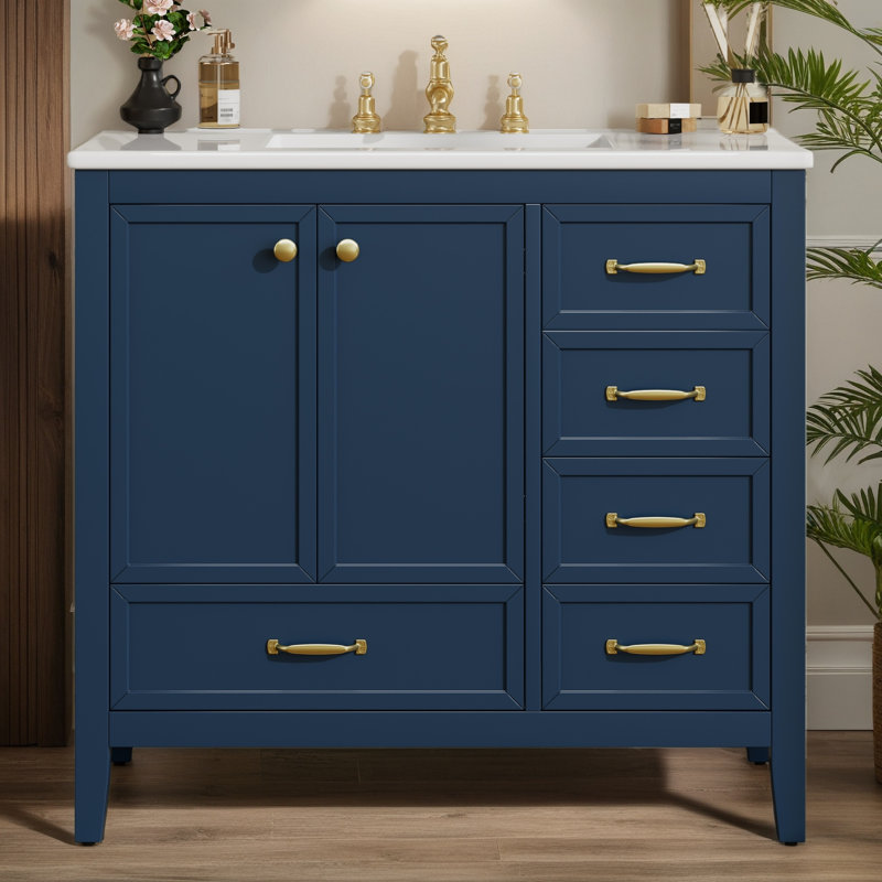 36'' Freestanding Single Bathroom Vanity With Ceramic Top, Blue