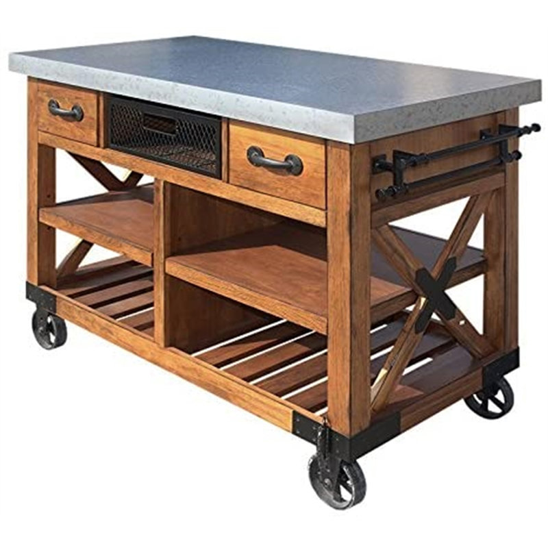 Faiyaz Transitional 3-Drawer Rectangular Kitchen Cart in Antique Oak,Kitchen Island,Coffee Cart