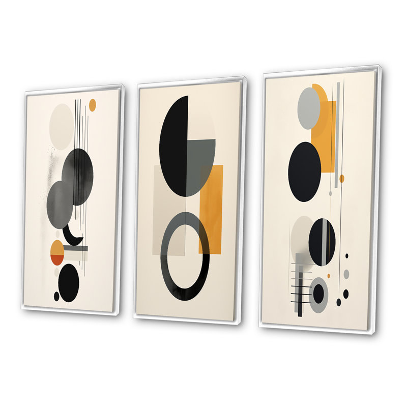 «Minimal Circular Geometric Illustration IV», 3 pièces sur toile, Cadre flottant blanc, H 20 po x l 36 po
