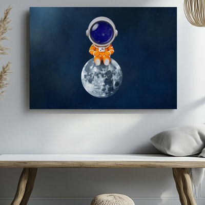 Toile dans un paysage cosmique surréaliste, adorable caricature d'un astronaute vêtu d'un art dans un ensemble de couleurs vives et oranges
