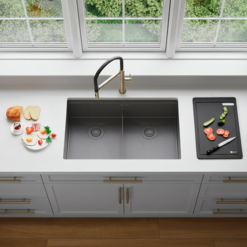 Évier de cuisine à double cuve encastrée Dura-Tek 50/50, en acier inoxydable de calibre 16, fini noir nano-graphite, avec accessoires intégrés, 81 cm x 48 cm (32 po x 19 po).