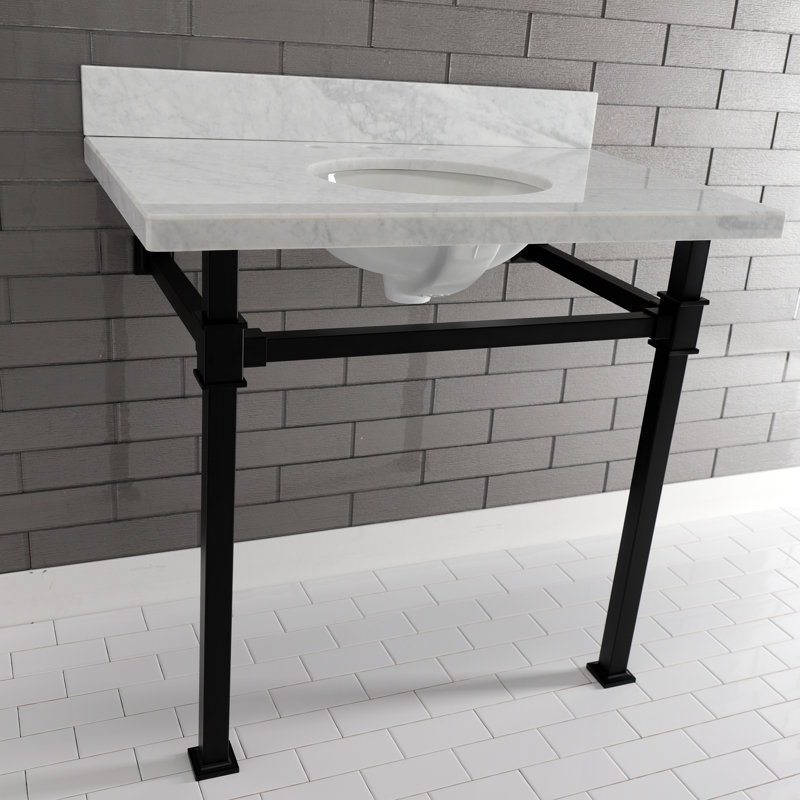 Kingston Brass Monarch 36-Inch Carrara Marble Console Sink with Stainless Steel Legs (8-Inch, 3-Hole)