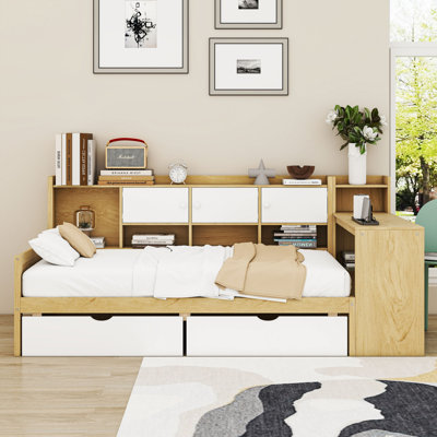 2 Drawers Wooden L-Shape Daybed with Shelves and Built-in Desk by Lark Manor