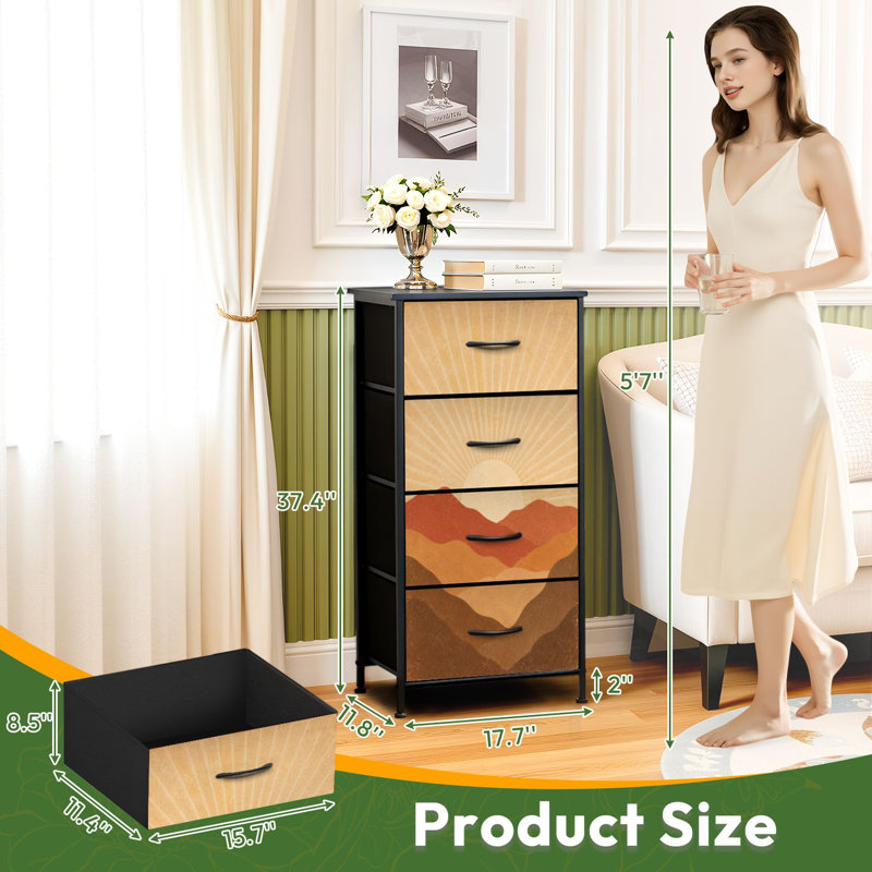 Commode à 4 tiroirs pour chambre à coucher Esthétique contemporaine abstraite paysage coucher de soleil tons de terre Petite commode à vêtements haute pour organisateurs de placard avec commode