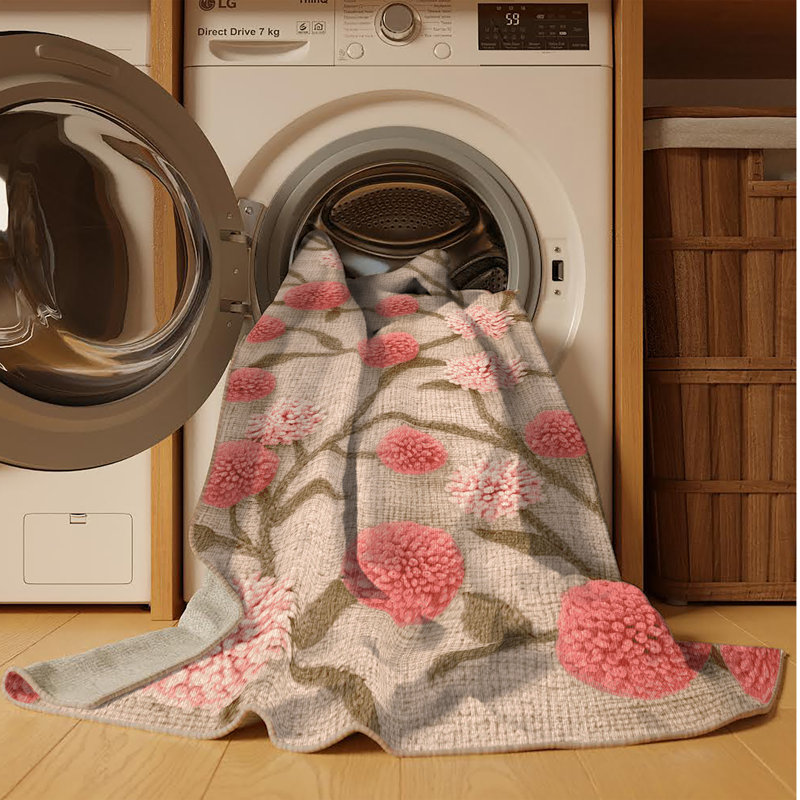 Tapis botanique beige lavable à la machine, Rond 4 pi