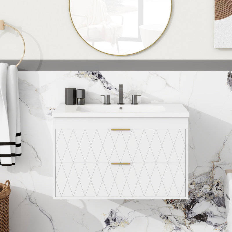 Meuble-lavabo mural de 30 po avec lavabo en résine et armoire de rangement flottante pour salle de bain Hemington, Blanc