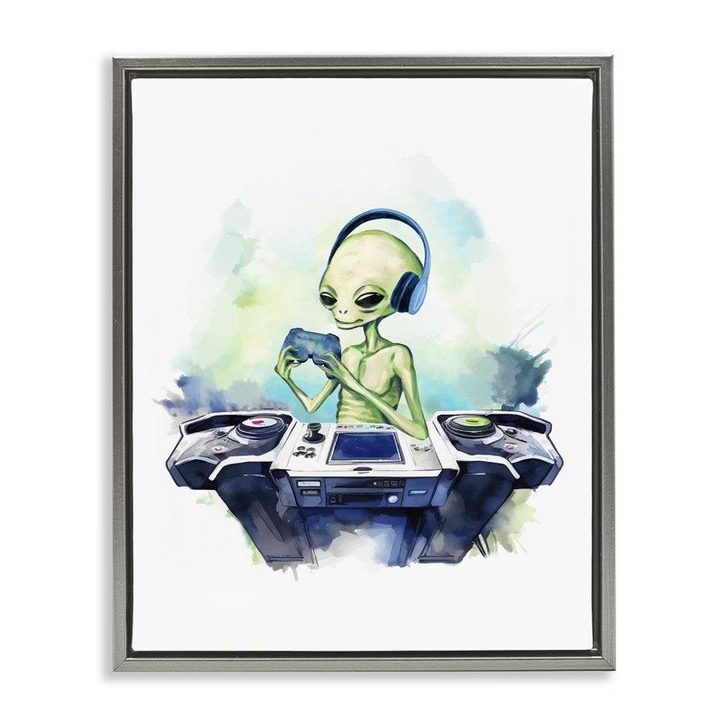 Cadre flottant Tech Alien jouant à des jeux vidéo, design par Lil 'Rue, H 21 po x l 17 po, Cadre flottant gris lustré