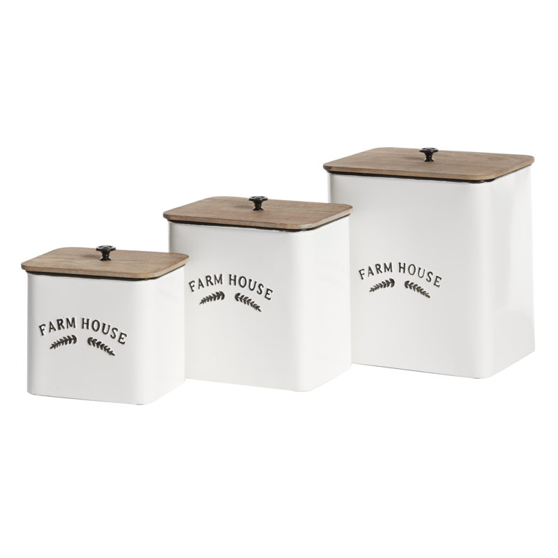 Farmhouse White Metal Canisters with Wood Lids, Set of 3