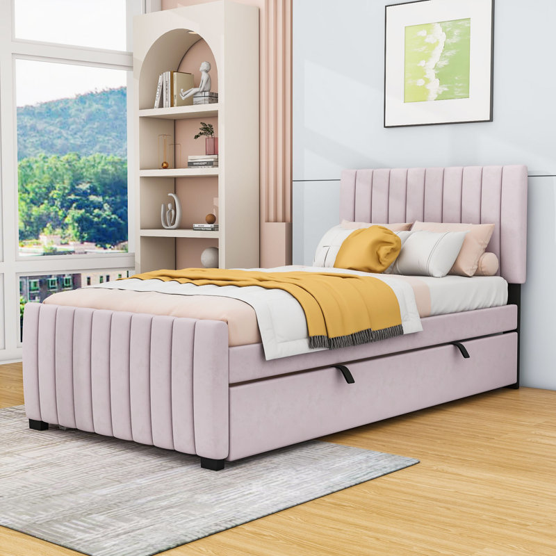 Twin Velvet Upholstered Platform Bed with Trundle, Pink