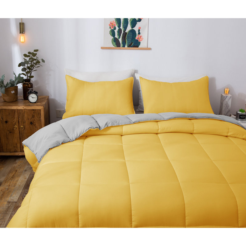 All Season Down Alternative Quilted Comforter Set-Reversible Bedding Set-Machine Washable, Yellow