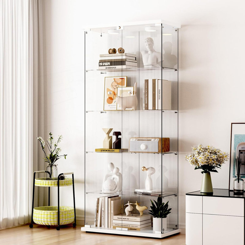Vitrine à 5 tablettes en verre avec porte, 12 lumières DEL avec télécommande