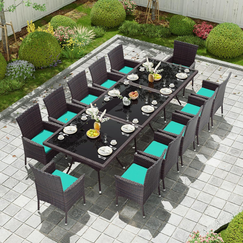 Hemraj 15-Piece Outdoor Dining Set Rattan Chairs With Cushions And Matching Glass-Top Tables, Navy