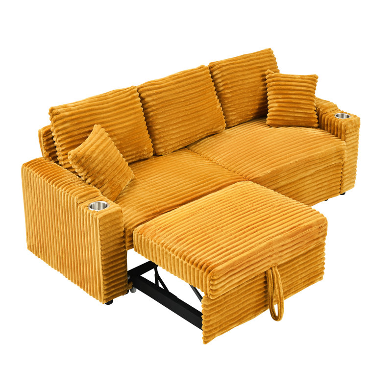Velours côtelé orange de 80 po, trois sièges, escamotable, inclinable et pliable, porte-gobelet et coussins pour une retraite sophistiquée à trois avec une atmosphère détendue