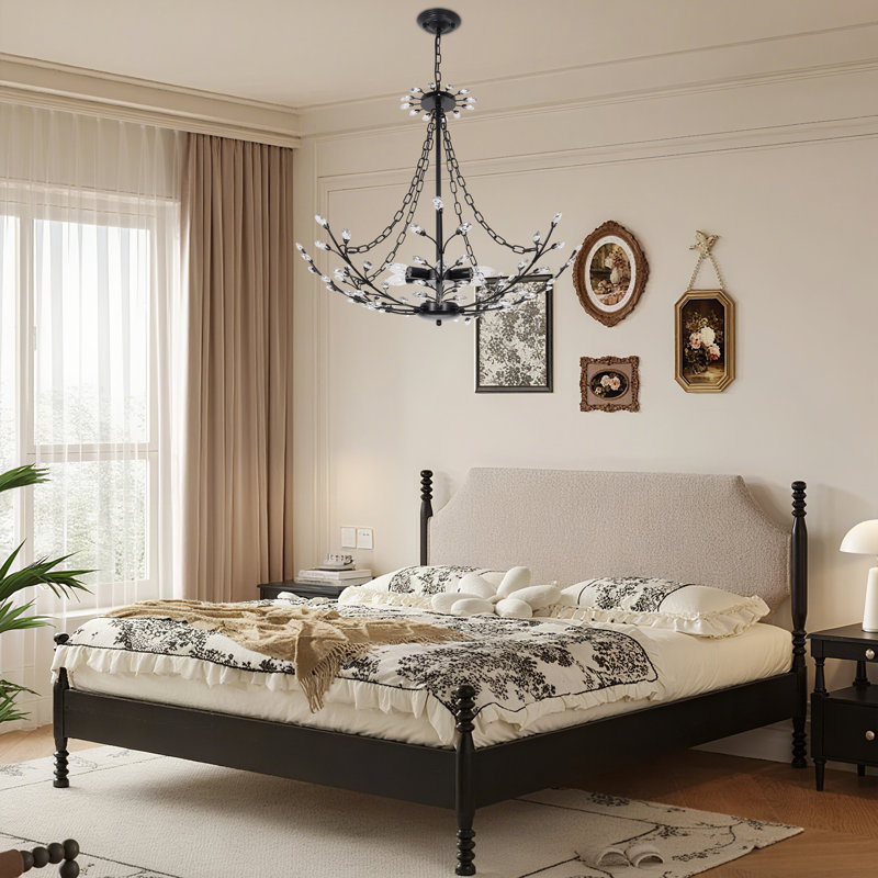 Luminaire suspendu élégant 6 lumières en forme de branche de cristal de fer noir pour salle à manger
