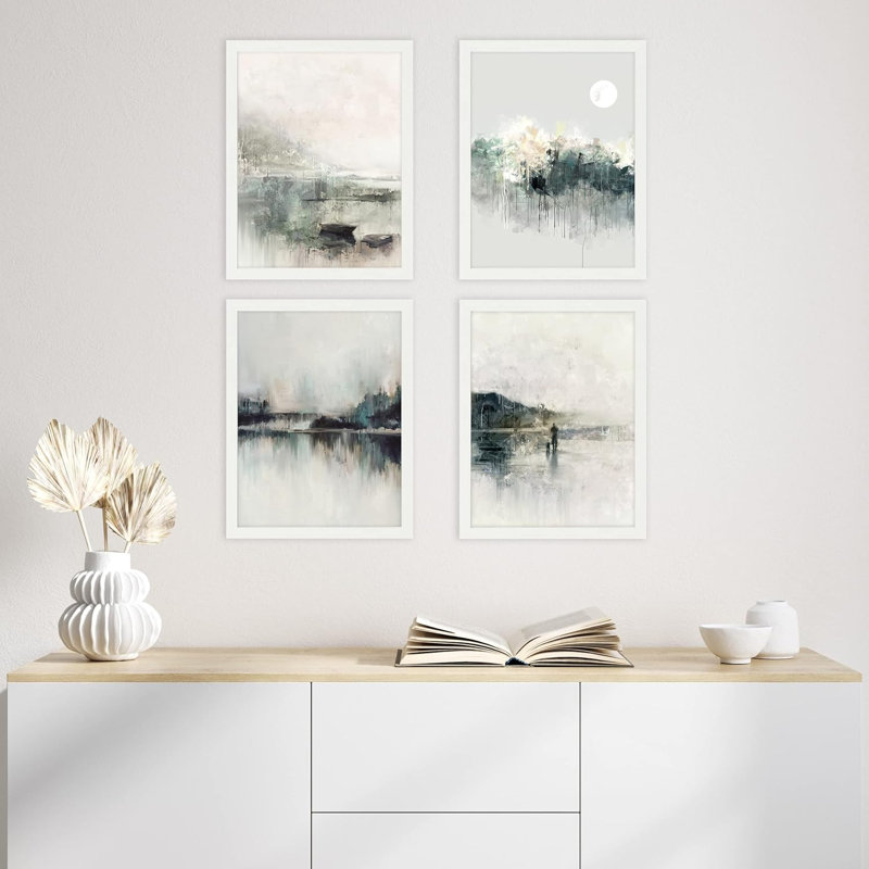 «Misty Mountain Lake», paysage abstrait, décor de bureau encadré sur papier, impression de 4 pièces, Blanc