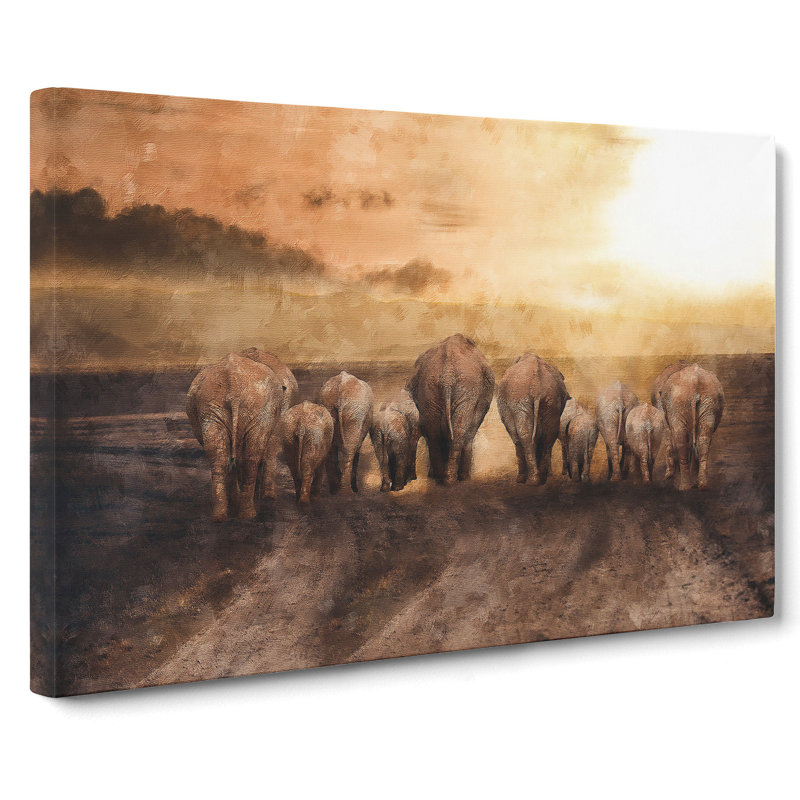 Herd Of Elephants On A Dusty Road - Wrapped Canvas Print, 60cm H x 91cm W x 3cm D