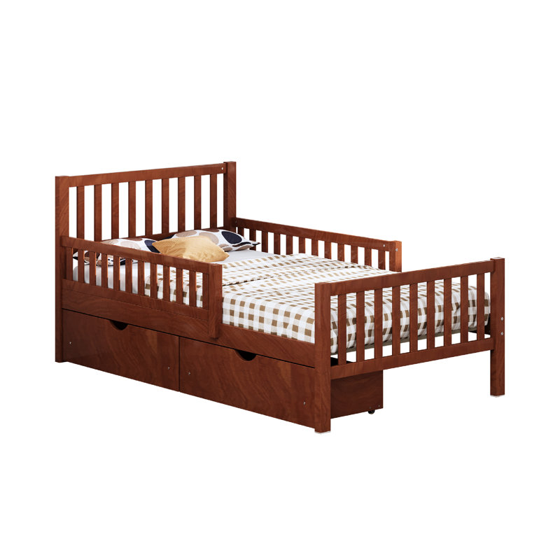 Lit plateforme simple en pin et noyer avec barrières de sécurité latérales et deux grands tiroirs de rangement, fini lisse, construction robuste, 8 lattes en bois massif, meuble gain de place pour la chambre