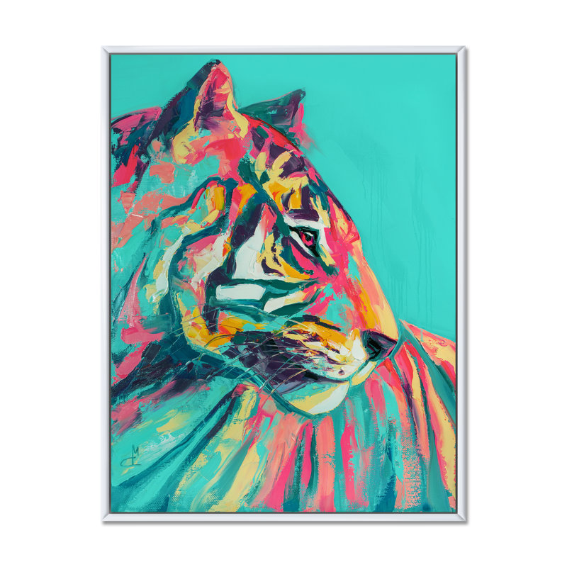 Pop Art turquoise et tigre rose - décoration murale moderne en toile, H 36 po x l 24 po x P 1,5 po