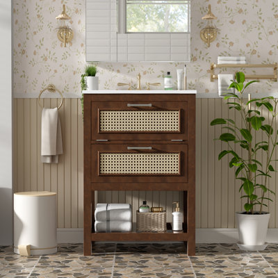 24" Modern Farmhouse Freestanding Bathroom Vanity with Ceramic Sink, Woven Cane & Slatted Shelf, Brown
