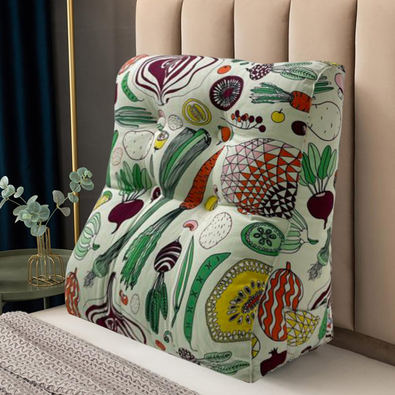 Contoured Wedge Pillow Back Support for lounging or Reading in Bed, Mint/Green/Red Veggies
