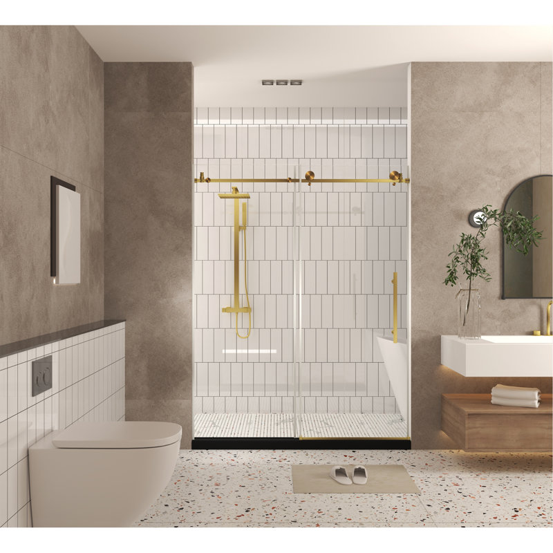Frameless Shower Door 56-60 "W X 76" H, 1/4 "(6 Mm) Clear Tempered Glass, Explosion Proof Film, Stainless Steel Handle,Brushed Gold