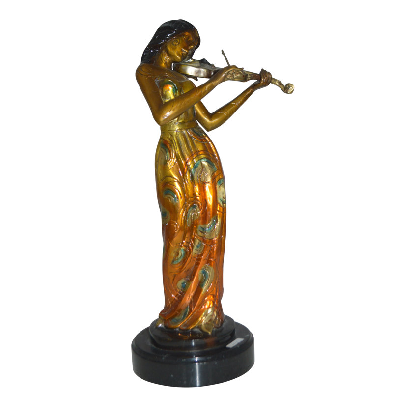 Statue en bronze Biyanka Girl jouant du violon - Taille: L 10 po x l 7 po x H 19 po.