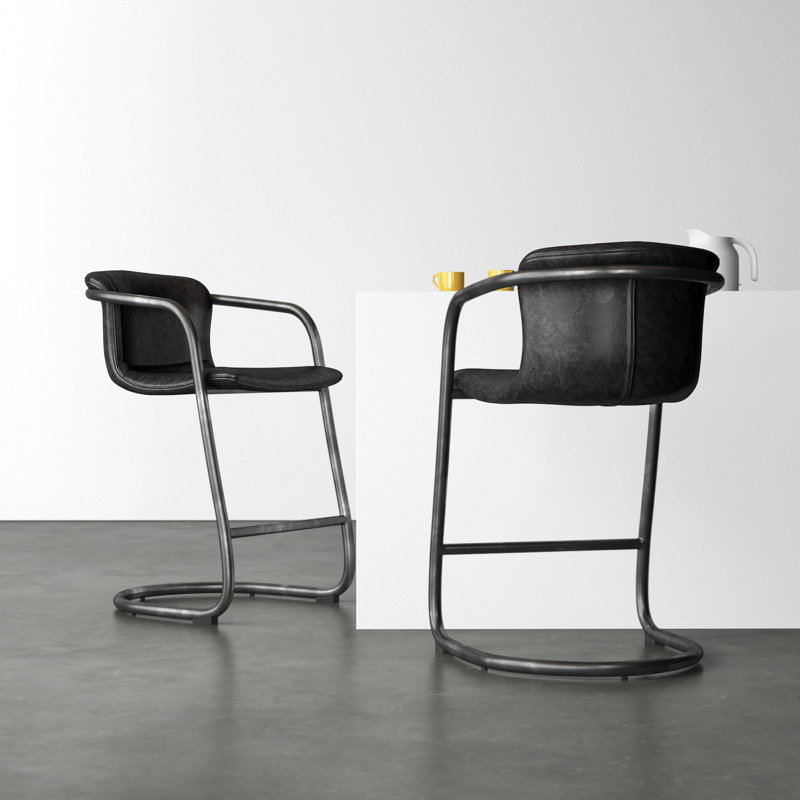 Higbee Genuine Leather Bar & Counter Stool, Counter Stool (25" Seat Height), Black Genuine Leather