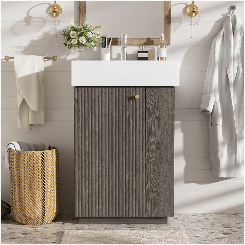 Video21.6" Bathroom Vanity With Ceramic Sink, Freestanding Modern Left Door Wood Grain Cabinet With Open And Closed Storage