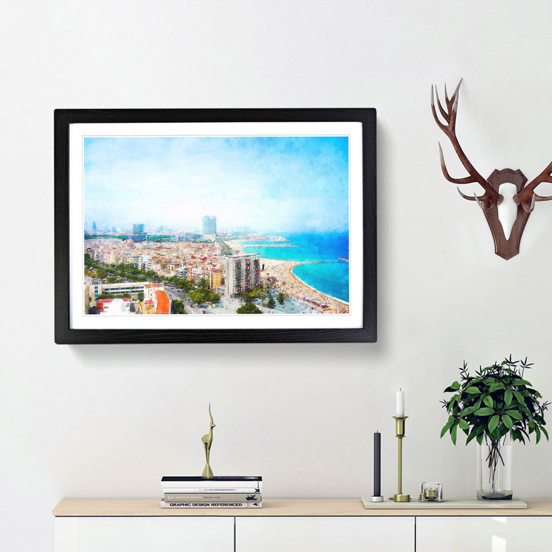 The Barcelona Skyline in Spain - Picture Frame Painting Print, 45cm H x 63cm W x 2cm D, Black Framed