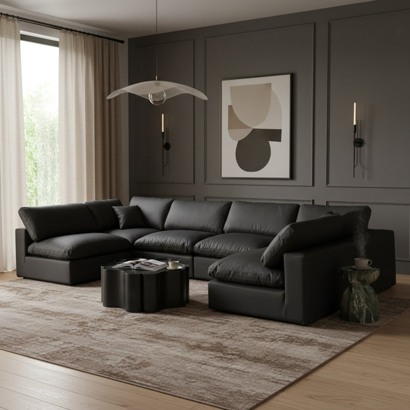 Canapé modulaire réversible en similicuir de 160 po de largeur, Similicuir noir doux