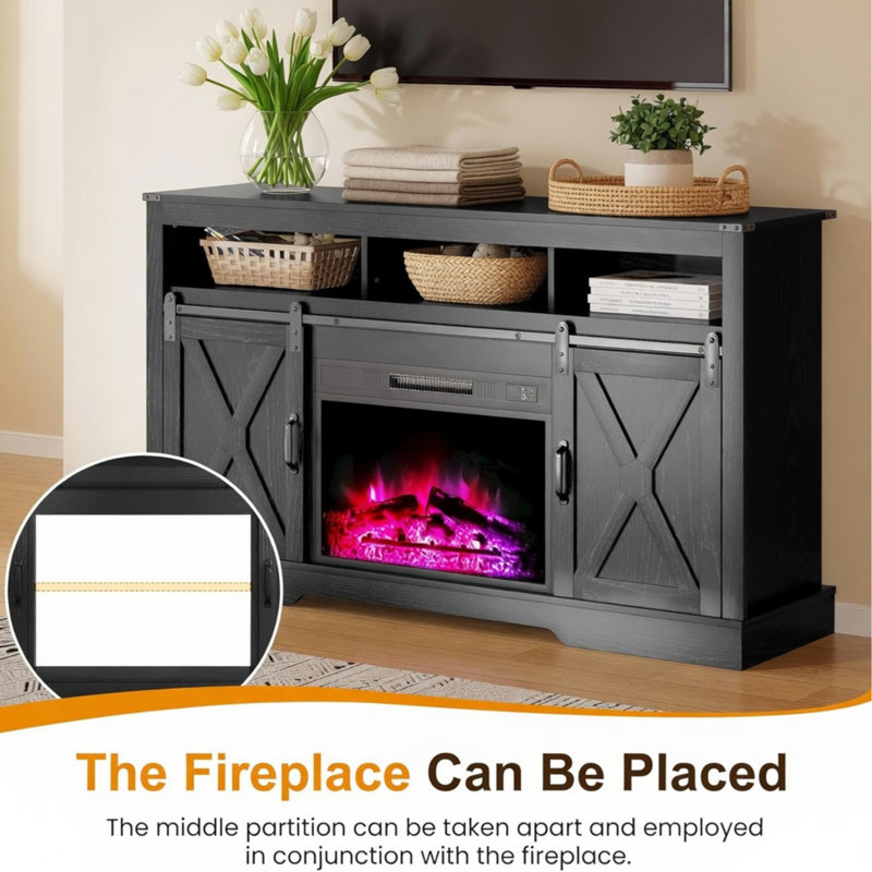 Meuble télé 58 po 58 po avec portes de grange coulissantes et rangement 58 po, Black